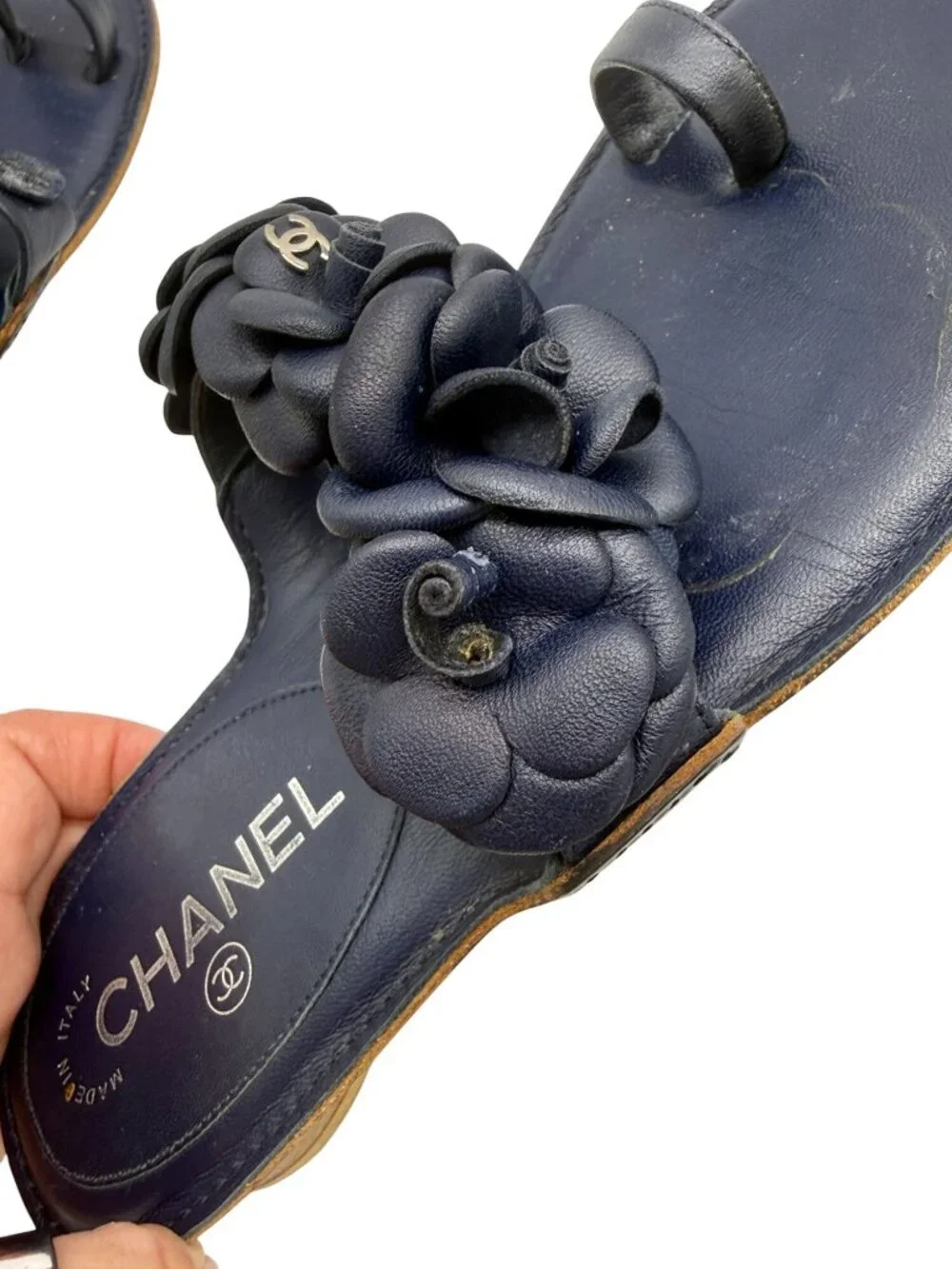 Chanel Camellia CC Logo Leather Sandals Navy Blue - Size 7 - Picture 6 of 7